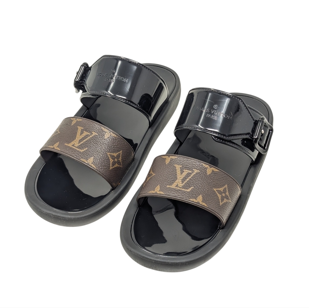 Louis Vuitton Sunbath Black Patent Brown Monogram Slide Sandals Size EU 39